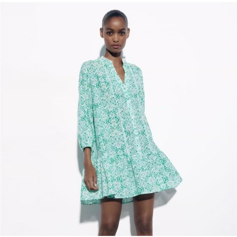 Zara Green White Printed Cotton Lace Trim Ruffle Mini Dress Small Boho Cottage